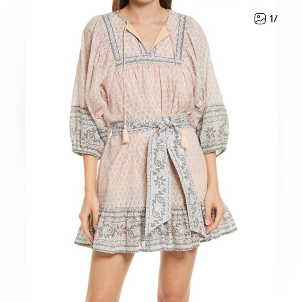 Cleobella women’s large Magdalena mini dress‎ floral bohemian light coral grey